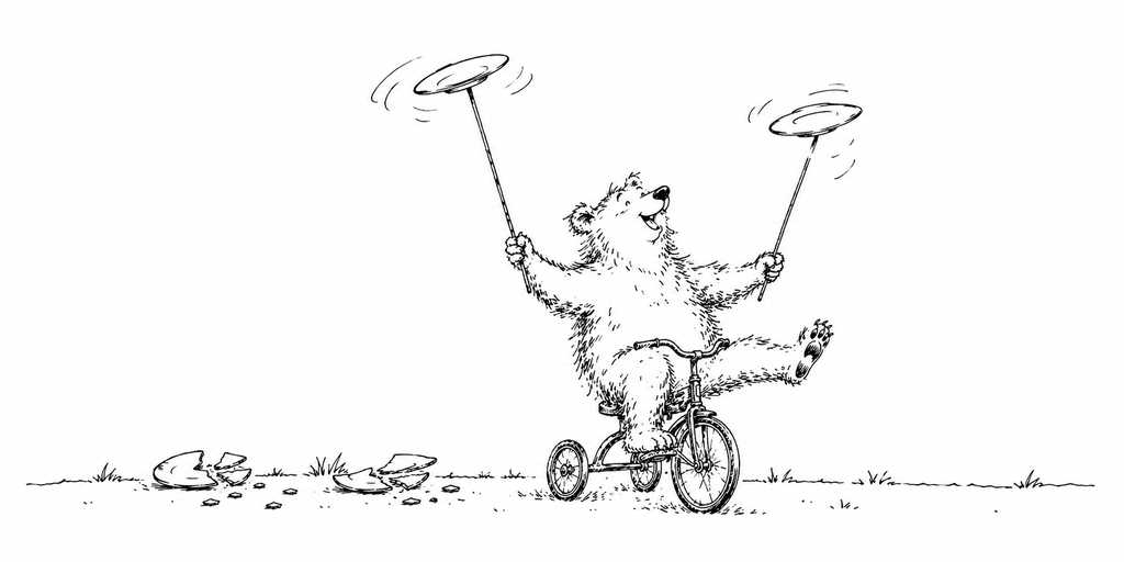 Pen and ink sketch of a delighted bear riding a tricycle, one leg kicked out, spinning two plates on poles, with broken plates in the grass behind.